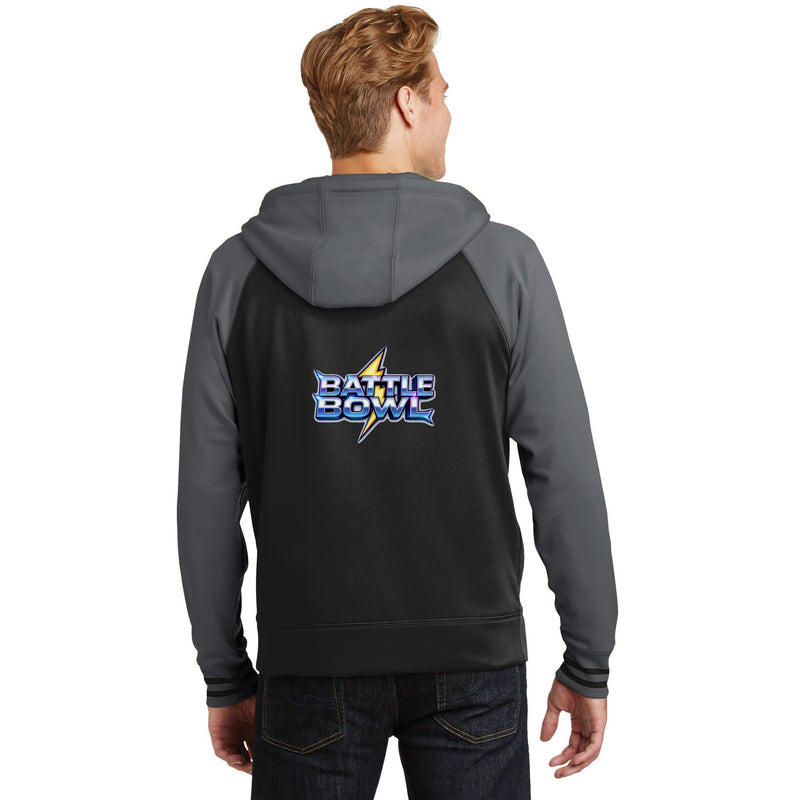 Battle Bowl varsity fleece in black and dark smoke grey, back view with stacked chrome logo below the hood.