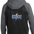 Close-up of the stacked chrome Battle Bowl back print on black varsity fleece.