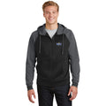 Battle Bowl varsity fleece in black and dark smoke grey, front view with matching left-chest chrome logo.