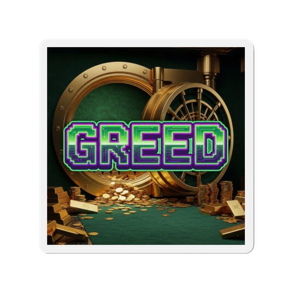 Greed™ Die-Cut Magnet — gold vault background, front