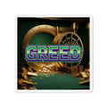Greed™ Die-Cut Magnet — gold vault background, front