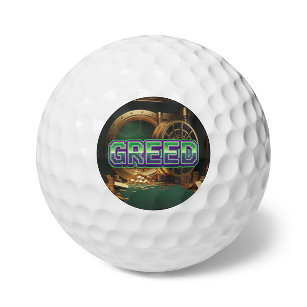 Greed™ Golf Balls, 6pcs — gold vault background, front