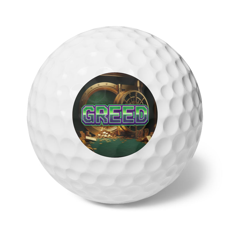 Greed™ Golf Balls, 6pcs — gold vault background, front
