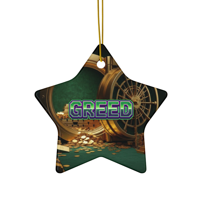 Greed™ Ceramic Ornament — gold vault background, front