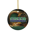 Greed™ Ceramic Ornament — gold vault background, front