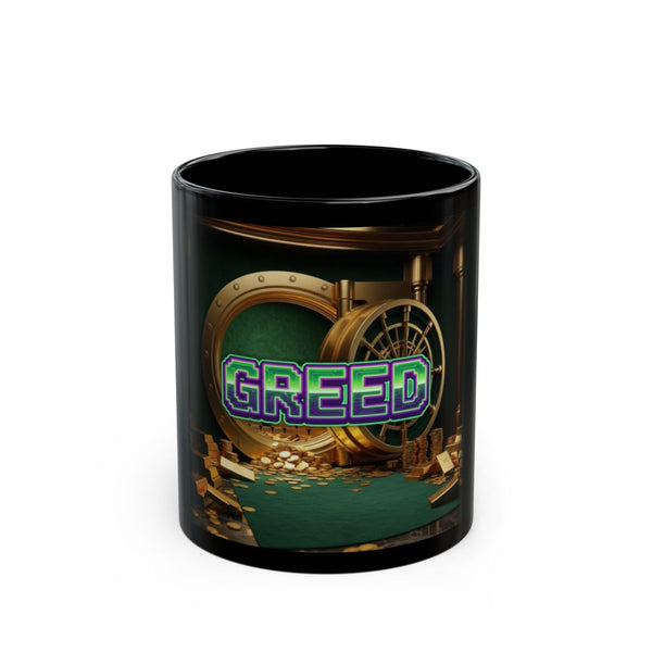 Greed™ Black Mug — gold vault background, front