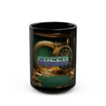 Greed™ Black Mug — gold vault background, front
