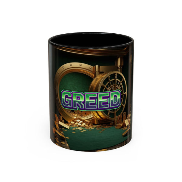 Greed™ Accent Coffee Mug — gold vault background, front