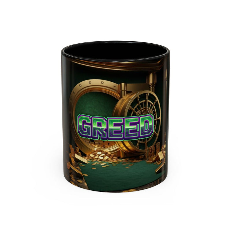 Greed™ Accent Coffee Mug — gold vault background, front