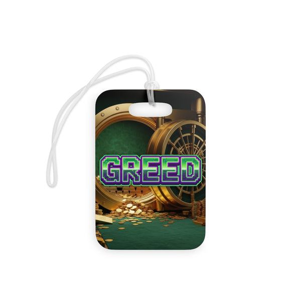 Greed™ Luggage Tags — gold vault background, front