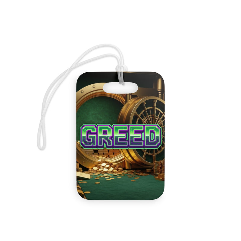 Greed™ Luggage Tags — gold vault background, front