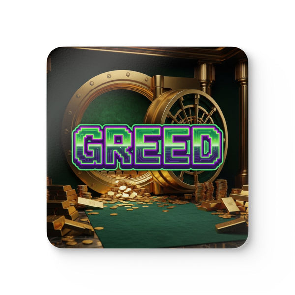 Greed™ Corkwood Coaster Set — gold vault background, front