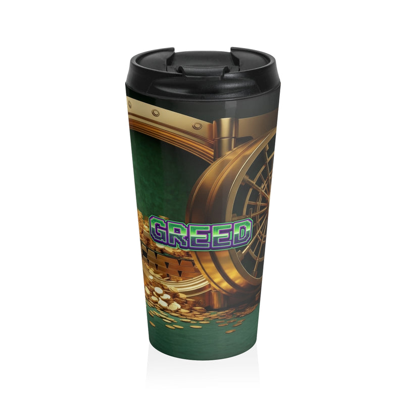 Greed™ Stainless Steel Travel Mug — gold vault background, front