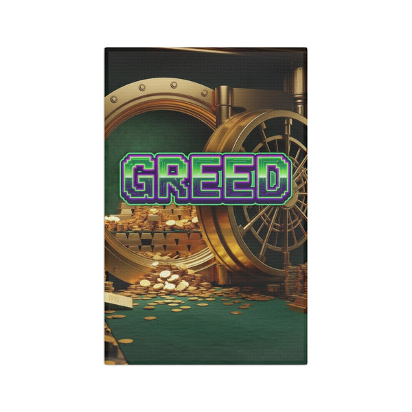 Greed™ Microfiber Tea Towel — gold vault background, front