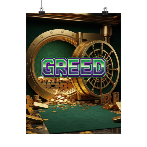 Greed™ Matte Poster — gold vault background, front
