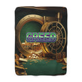Greed™ Sherpa Fleece Blanket — gold vault background, front