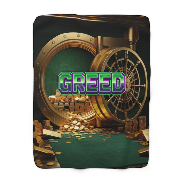 Greed™ Sherpa Fleece Blanket — gold vault background, front