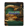 Greed™ Sherpa Fleece Blanket — gold vault background, front