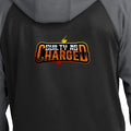Guilty as Charged™ Varsity Fleece Full-Zip — close-up of the orange, gold and white back print on black fabric.