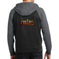 Guilty as Charged™ Varsity Fleece Full-Zip — Black/Dark Smoke Grey, focused back view with complete logo, hood, sleeves and cuffs.