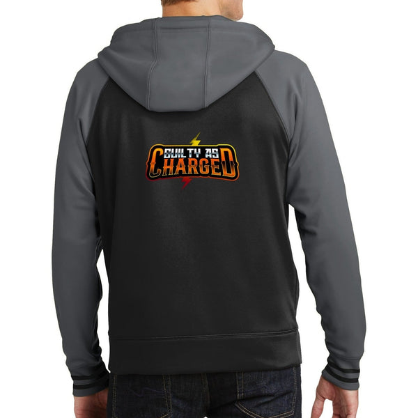 Guilty as Charged™ Varsity Fleece Full-Zip — Black/Dark Smoke Grey, focused back view with complete logo, hood, sleeves and cuffs.