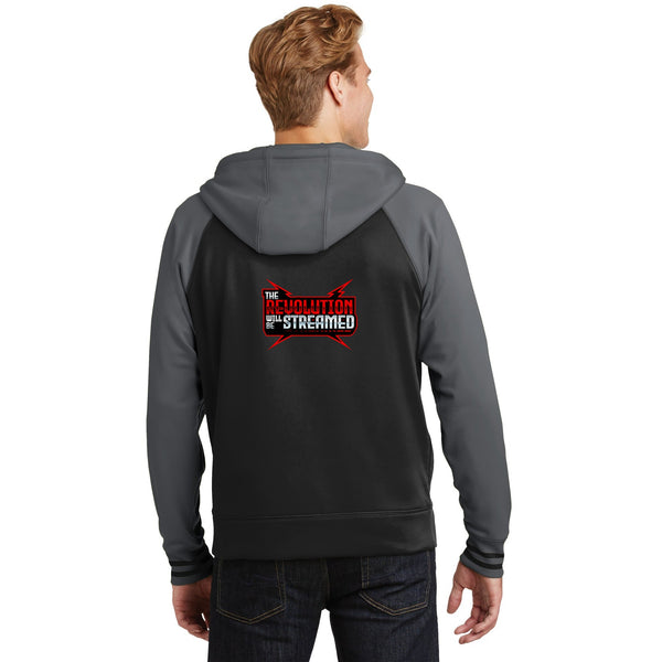The Revolution Will Be Streamed™ varsity fleece full-zip — back print